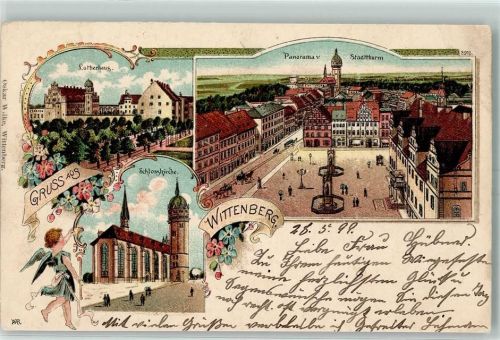 Lutherstadt Wittenberg 1899 Lutherhaus Panorama vom Stadtturm Schlosskirche Engel Lithographie