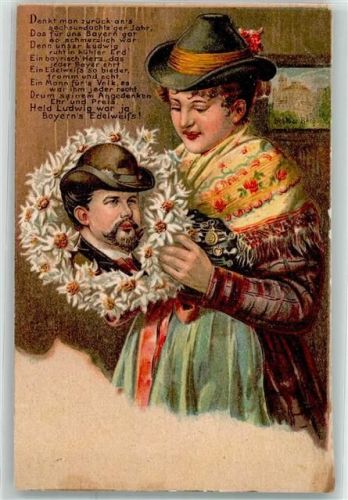 Frau in bayrischer Tracht mit einem Blumenumrankten Bild des Königs
