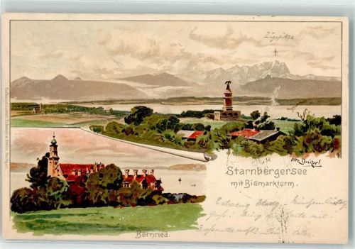 Bernried 1908 Starnbergersee Bismarckturm sign. Otto Strützel Stempel Bismarckdenkmal