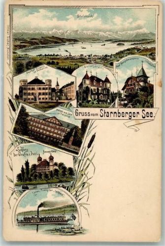 82327 W8132 Tutzing Gebrauchsspuren Lithographie Gasthaus Strauch Hotel am See Salon-Dampfer Luitpold