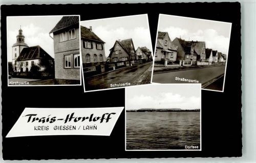 35410 W6303 Trais-Horloff Foto AK Kirche Schule Straße Dorfsee