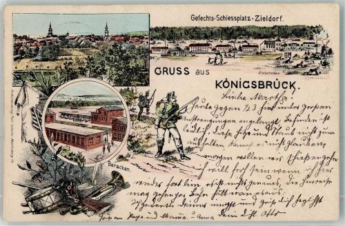 Königsbrück 1897 Gruss Gefechts Schiessplatz Zieldorf Soldat Gewehr Kirche Zielscheiben Baracken