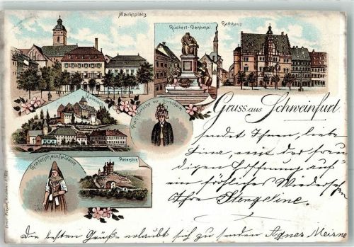 97421 W8720 Schweinfurt 1896 Gebrauchsspuren Marktplatz Rückert Denkmal Rathaus Mainberg Tracht Peterstirn