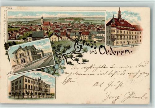 Oederan 1898 Gruss aus - Schule, Bahnhof, Rathaus AK