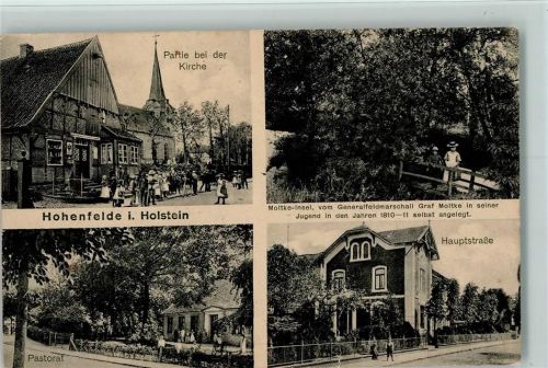 Hohenfelde Partie bei der Kirche viele Menschen, Patorat , Hauptstraße, AK Bahnpoststempel Hamburg-Felsburg zu 553 11.7.12