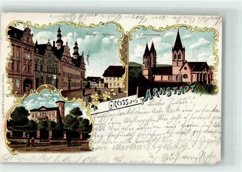 Arnstadt 1905 Postamt Rathaus Villa Marlitt Liebfrauenkirche Lithographie # beschnitten
