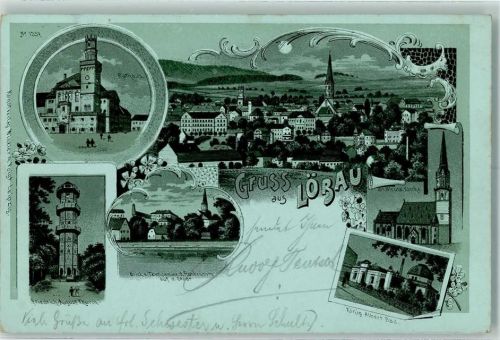 Löbau 1900 Rathaus Friedrich-August-Turm Blick v. Teichdamme d. Funkenburg auf die Stadt St. Nicolai Kirche König Albert Bad