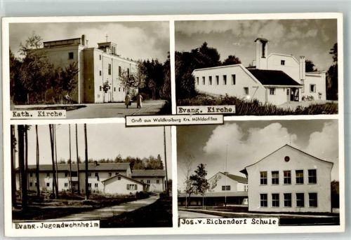 84478 W8264 Waldkraiburg Foto AK Kath. Kirche Schule Ev. Kirche Ev. Jugendwohnheim