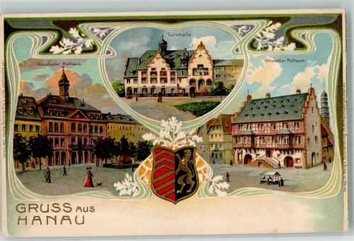 Hanau Neustädter Rathaus Turnhalle Altstädter Rathaus Wappen Lithographie