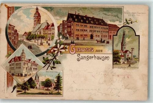 06526 O4700 Sangerhausen Lithographie Gruss aus Kriegerdenkmal Kreishaus Markt