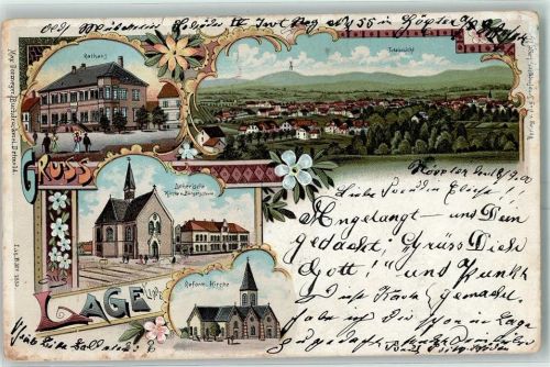 Lage 1900 Rathaus Lutherische Kirche und Bürgerschule Reform. Kirche Lithographie