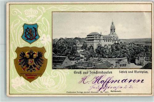 Sondershausen 1902 Schloss und Marktplatz Wappen Kleeblatt