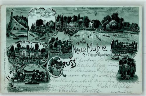 15711 O1600 Königs Wusterhausen 1898 Lithographie / Mondschein Neue Mühle Aussichtsturm Hotel Zur Schleuse Club-Haus W. Nobiling Waldschlösschen Kaiser Wilhelm-Denkmal