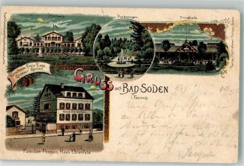 Bad Soden 1902 Lithographie Kurhaus Trinkhalle Familien Pension Haus Ehrenfels