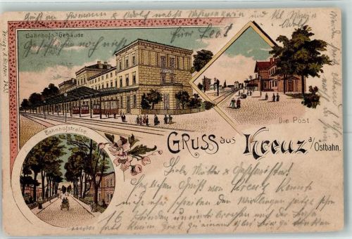 Kreuz 1900 Post Bahnhofs-Gebäude Bahnhofsstraße Lithographie