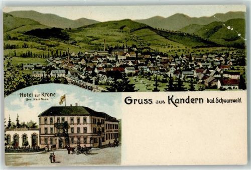 Kandern Hotel zur Krone Eisenbahn Fabrik Gasthaus Kutsche Lithographie