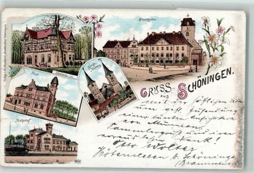 Schöningen 1897 Stadtkeller Kirche St. Lorenz Post Bahnhof Lithographie