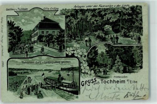 Tochheim Gasthaus Otto Fritze Anlagen unter den Kastanien Linde Tochheimer Berg Landungsplatz Boot Fahne Blumen Gruss Mond Lithographie
