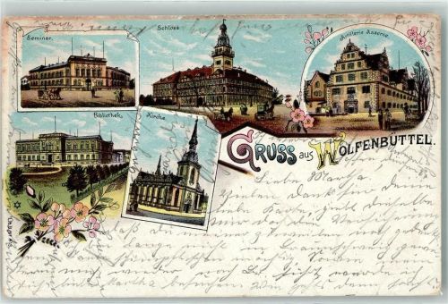 38300 W3340 Wolfenbüttel , Niedersachs 1902 Prägedruck Seminar Schloss Artillerie Kaserne Bibliothek Kirche Gruss Kutsche Blumen