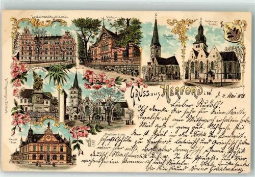32049 W4900 Herford 1898 Lithographie Landwirtschafts- und Realschule Schützenhof Neustädter Kirche Radewiger Kirche Kriegerdenkmal Altenstädter Kirche Kaiserliche Post