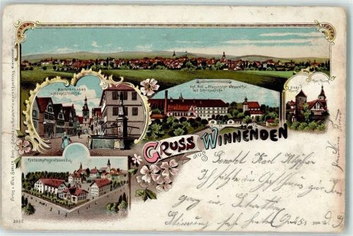Winnenden 1901 Marktbrunnen u. Hauptstraße Kgl. Heil.- u. Pflegeanstalt mit Schlosskirche Diebsturm Torturm Paulinenpflege