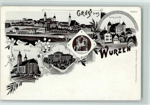 04808 O7250 Wurzen 1897 Lithographie Gruss aus - Amtsgericht, Gymnasium, gute Erhaltung AK