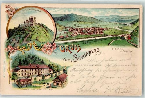 77960 W7633 Schönberg , Kr Lahr, Schwarzw 1902 Lithographie Gasthaus zum Löwen Ruine Hohengeroldseck Biberach