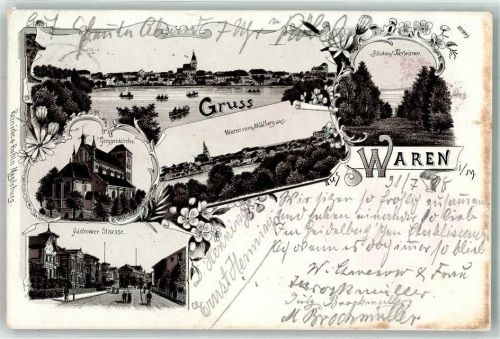 Waren Georgenkirche Güstrower Straße Ruderboot Blumen Lithographie