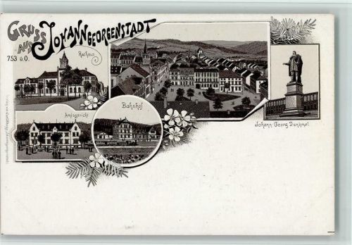 08349 O9438 Johanngeorgenstadt Lithographie Gruss aus - Bahnhof mit Eisenbahn, Amtsgericht, gute Erhaltung AK