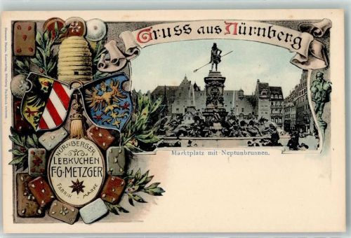 Nürnberg 1899 F.G. Metzger Fabrik Werbung , Bienenkorb , Wappen , Neptunbrunnen