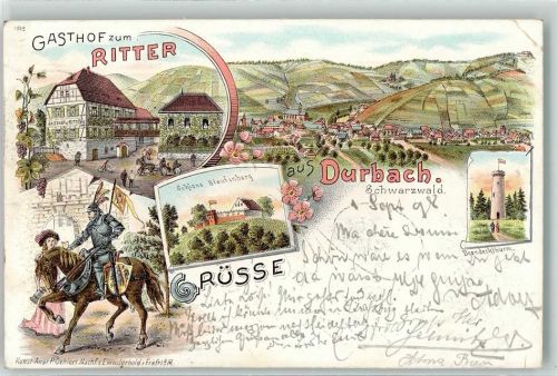 Durbach 1898 Gasthaus Zum Ritter Rüstung Pferd schloss Staufenberg Brandeckturm Lithographie