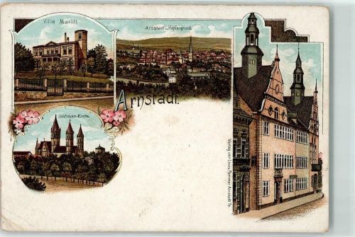 Arnstadt Villa Marlitt Arnstadt und Hopfengrund Liebfrauenkirche Lithographie