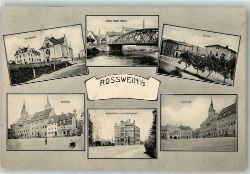 Roßwein 1907 Amtsgericht König Albert Brücke Bahnhof Rathaus Baugewerken- u. Schlosserschule Marktplatz