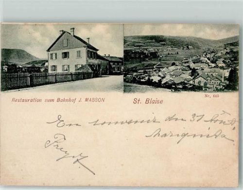 Saint-Blaise 1899 Bahnpost Strassburg Saales Zug 635 31.8.99 Gasthaus zum Bahnhof