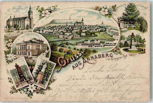 Annaberg-Buchholz 1896 Hauptkirche Stadt-Theater Barbara Ottmann-Denkmal Luther-Denkmal Adam-Ries-Denkmal Linde a. d. Friedhof Lithographie