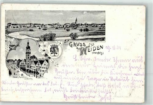 92637 W8480 Weiden , Oberpf 1904 Lithographie Oberer Markt m. Kirche Wappen