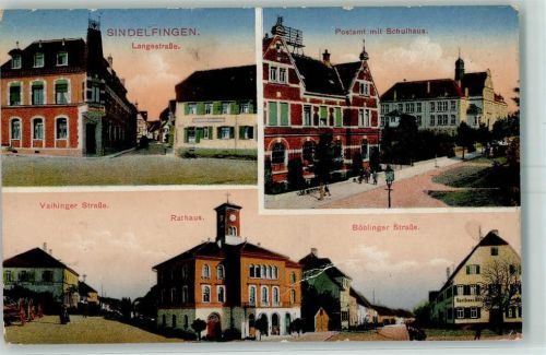 71063 W7032 Sindelfingen 1916 Gebrauchsspuren Langestraße Postamt mit Schulhaus Vaihinger Straße Rathaus Böblinger Straße