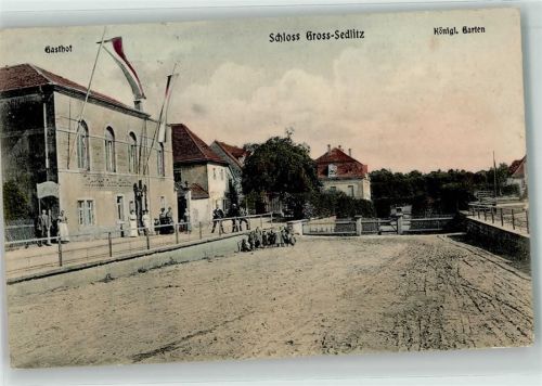 Heidenau 1915 Gasthaus Gasthof Königlicher Garten Schloss Gross Sedlitz Kinder Fahne Schwarz-Weiß-Rot Bahnpost Dresden Bodenbach Zug Nr.456 14.02.1915
