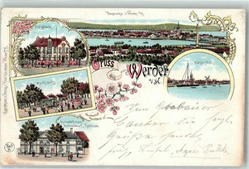 Werder 1901 Postgebäude Mühlenblick Marktplatz Gesellschaftshaus Schiff Windmühle Ruderboot Fabrik Gruss Blumen