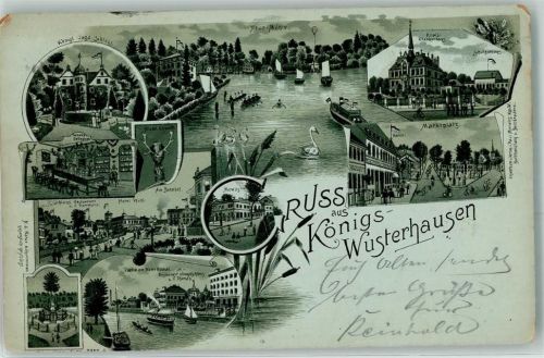 Königs Wusterhausen Krankenhaus Schützenhaus Marktplatz Bahnhof Königliches Jagd Schloss Geweih Gasthaus zum Jagdschloss Schwan Ruderboot Ballon Fahne Gruss Lithographie