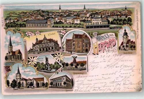32049 W4900 Herford 1900 Lithographie Kriegerdenkmal Landw. Realschule Münsterkirche Kgl. Postamt
