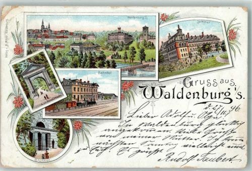 08396 O9611 Waldenburg , Sachs 1896 Gebrauchsspuren Seminar Naturfreunde Bahnhof Brunnen Lithographie