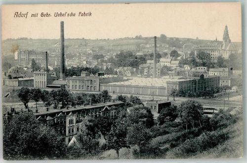 08626 O9930 Adorf , Vogtl - Gebr. Uebel´sche Fabrik Schornstein Kirche
