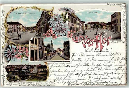 95028 W8670 Hof , Saale 1903 Lithographie Untere Ludwigstraße Maxplatz Blick auf die Lorenzkirche Marienstraße Eisenbahn