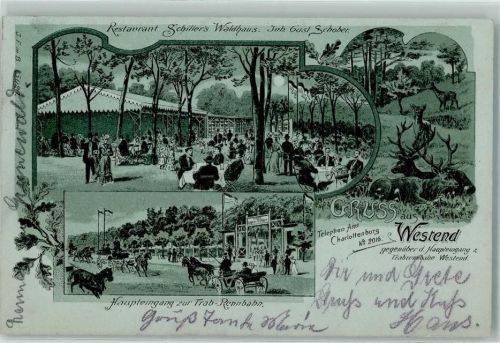 Westend 1909 Gasthaus Schillers Waldhaus Inh Gust. Schober Haupteingang zur Trab-Rennbahn