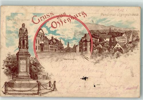 Offenburg 1897 Bahnpost Offenburg Zug 37 13.8.97 Pensionat u. Langestraße Drakedenkmal
