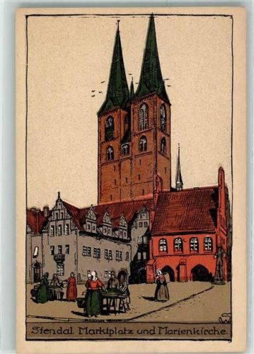 39576 O3500 Stendal Künstlersteindruck Marktplatz Marienkirche