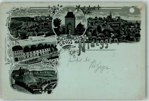 52385 W5168 Nideggen 1898 Lithographie / Mondschein Hotel Heiliger Ruine mit Hotelgarten