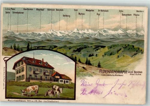 79677 W7869 Belchen im Schwarzwald 1907 Gebrauchsspuren Lithographie Belchenhaus Kühe Höchste Posthilfstelle Badens