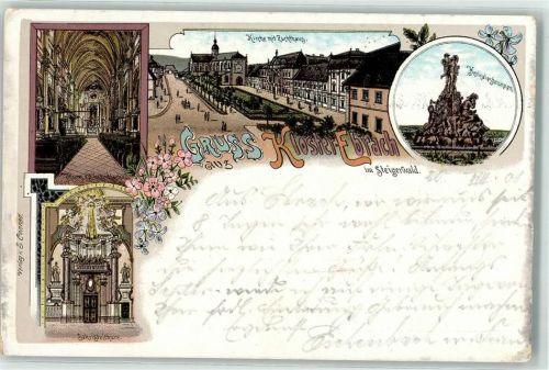 96157 W8612 Ebrach , Oberfr 1901 Lithographie Kirche Zuchthaus Herkulesbrunnen Kloster Steigerwald Inneres Blumen Gruss